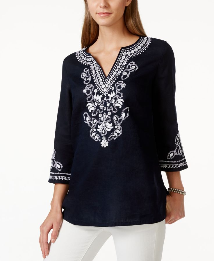 Charter Club Linen Embellished Embroidered Tunic, Only at Macy's Summer Embroidered Tops With 3/4 Sleeves, V-neck Embroidered Tunic For Spring, Folk Embroidered V-neck Tops, Short Kurti Designs, Spring Embroidered V-neck Tunic, Luxury Embroidered V-neck Tunic, Three Quarter Sleeve Blouses, Hand Embroidery Dress, Embroidery On Kurtis