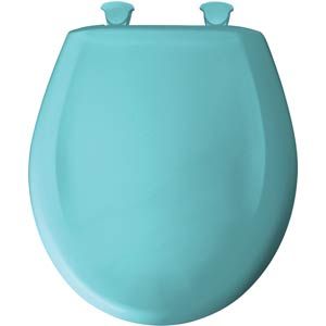 an aqua colored toilet seat with two small holes on the side and one large hole at the top