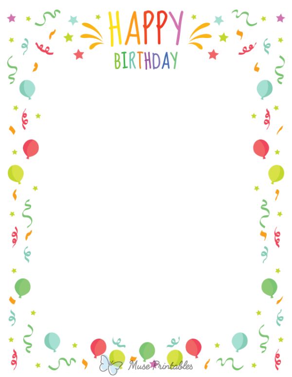 a birthday card with balloons and confetti on the border, in rainbow colors