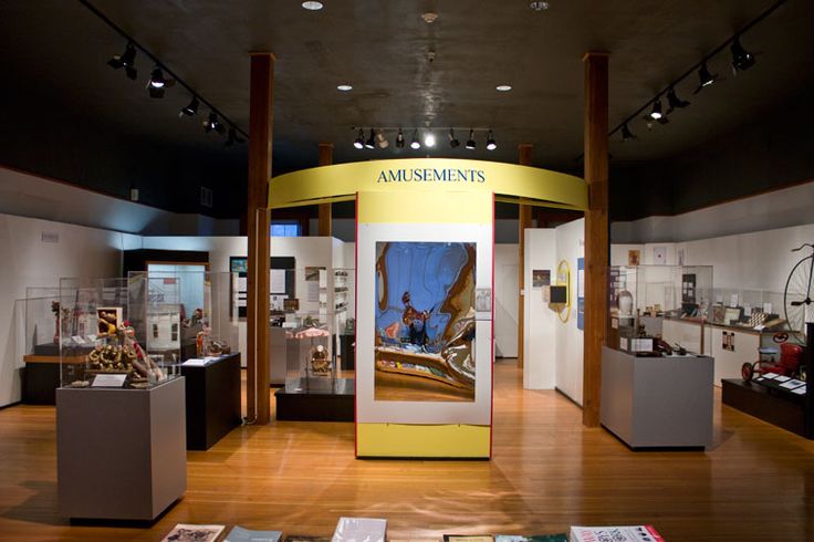 an exhibit with books on the floor and other items in glass cases around it,