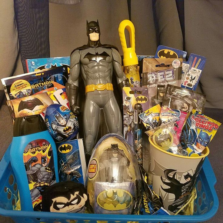 a batman gift basket filled with toys and gifts