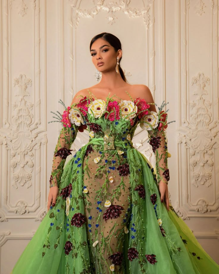 MELON DRESS – CHALASO Green Gown With Flowers, Diamond Inspired Outfit, Elegant Green Dress With Floral Embroidery, Green Floral Embellished Party Gown, Elegant Green Dress With Floral Applique, Green Floral Party Gown, Green Floral Embroidered Evening Gown, Elegant Green Evening Dress With Floral Embroidery, Evening Gown With Floral Embroidery In Green