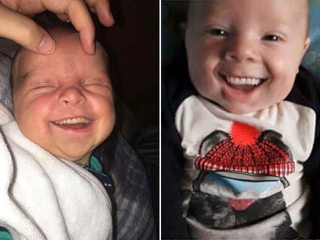 two pictures of a baby smiling and being held up by someone's hand while the child is wearing a bib