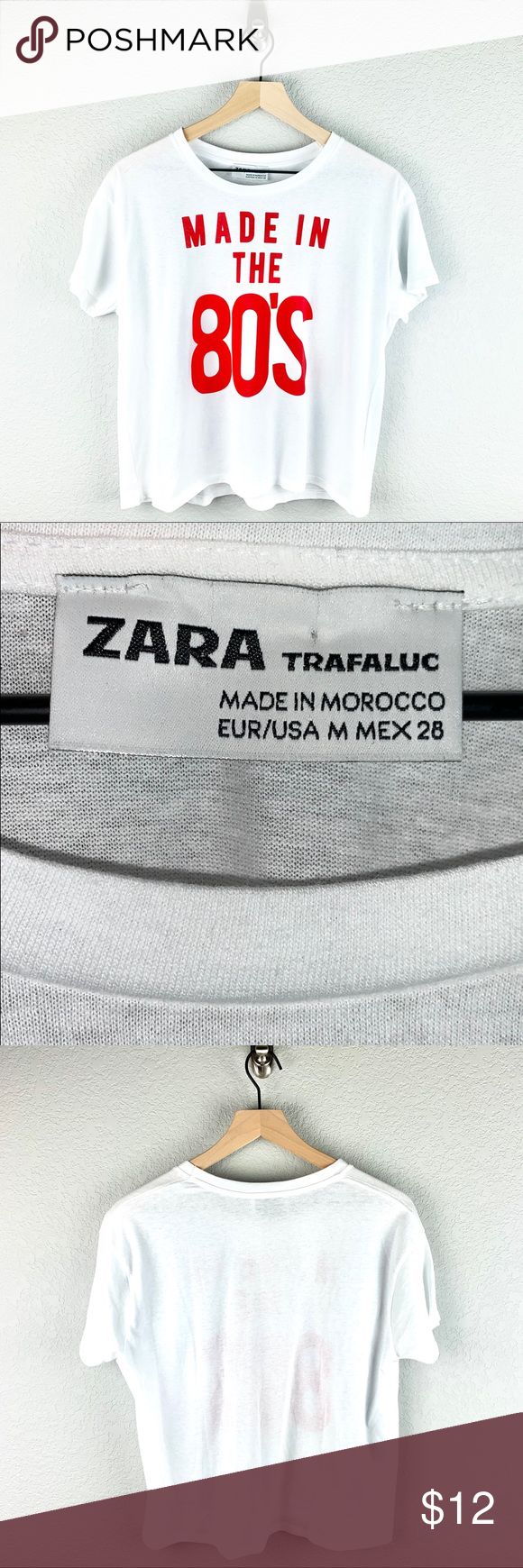 Zara Tee| Made In The 80’s| Cropped Pit to pit: 20 in Shoulder to hem length: 22 in Measurements are approximate  Condition: EUC Zara Tops Tees - Short Sleeve Zara White, Zara Tops, Tops & Tees, Zara, Red, Women Shopping, White