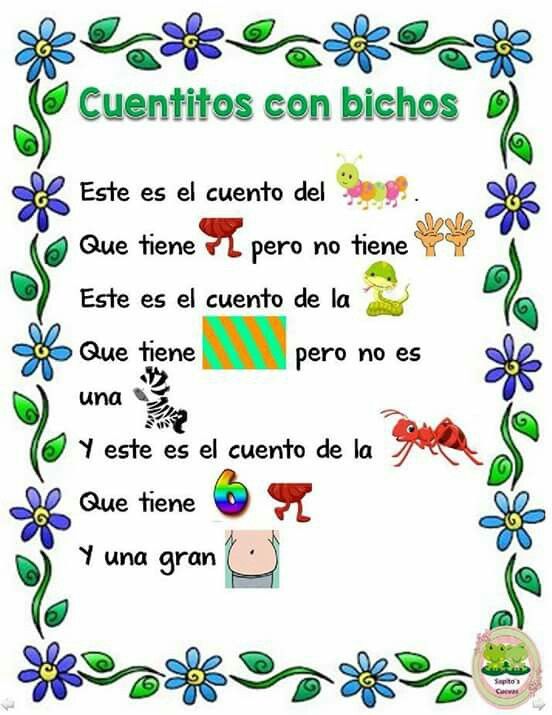 a spanish poster with flowers and plants in the frame, which says cuentis con bichos