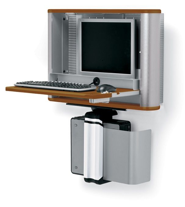 a computer monitor sitting on top of a wooden shelf next to a trash can and keyboard