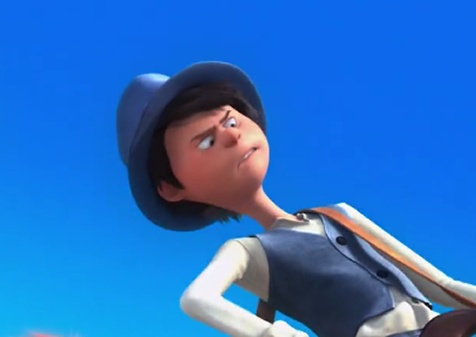 the animated character is wearing a hat and holding a baseball bat in his hand, while looking up into the sky