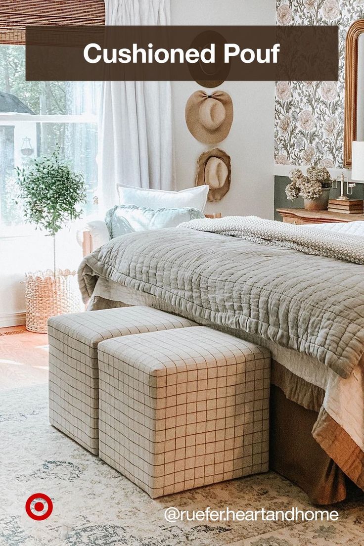 a bedroom with a bed, ottoman and mirror in the corner that says cushionsed pouf