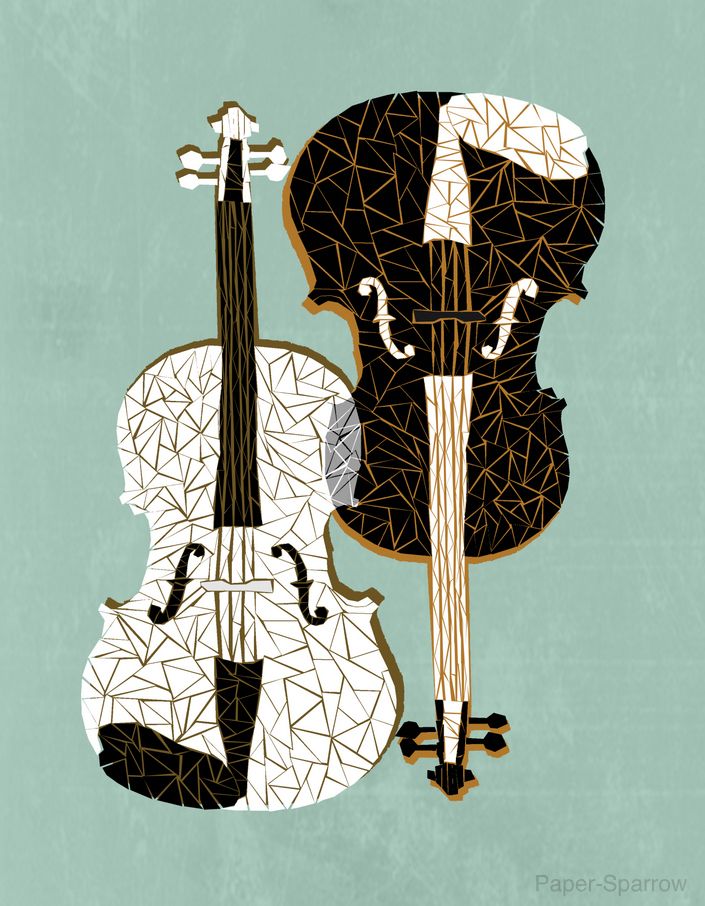 two cellos on a blue background with white and black lines in the foreground