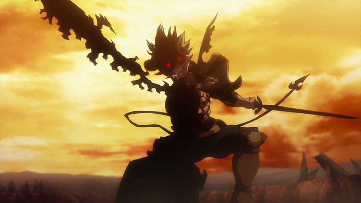 an anime character holding two swords in front of a sunset