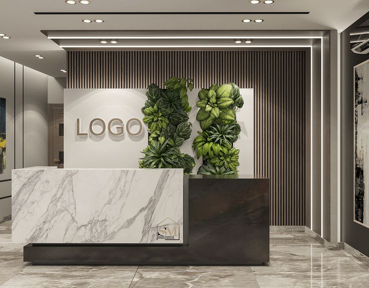 a marble counter top sitting in front of a wall mounted planter with the word log on it