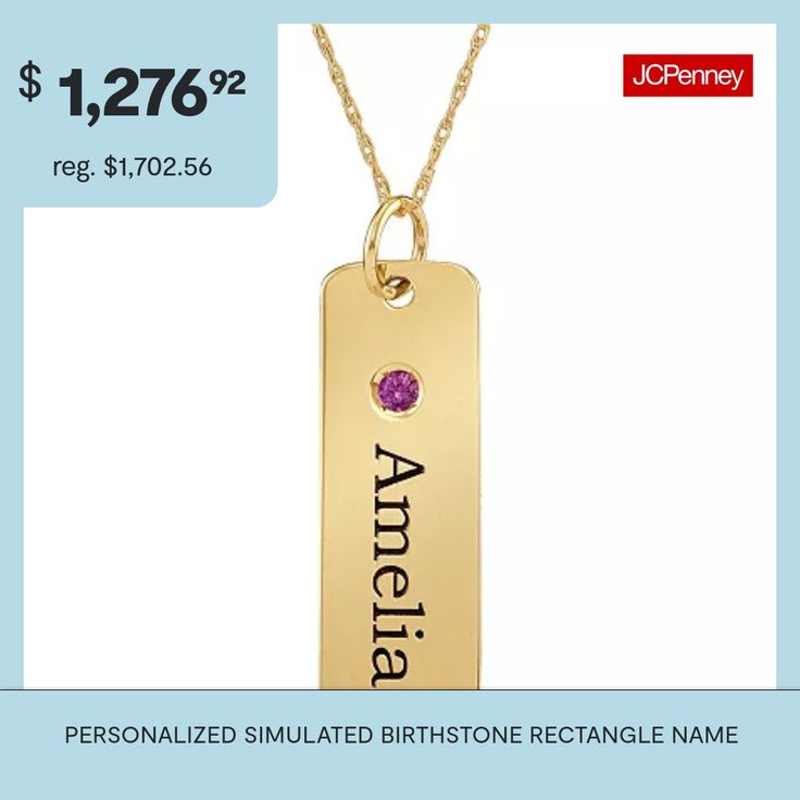 Metal: Silver, 10K white gold, 10K yellow gold, 14K white gold, 14K yellow goldStone: Simulated gemstoneClosure: Spring-ringDimensions: 18" cable chainPendant Size: 23.3x8.1mmPersonalization: Select 1 birthstone, with engraving of up to 8 characters. Choose one birthstone. Use the letter key below to represent the months. Selection must be made using capitalized letters:A=JanuaryB=FebruaryC=MarchD=AprilE=MayF=JuneG=JulyH=AugustI=SeptemberJ=OctoberK=NovemberL=December Gemstones may be treated an… Mother's Day Yellow Gold Jewelry With Rectangular Pendant, Mother's Day Yellow Gold Rectangular Pendant Jewelry, Yellow Gold Jewelry With Rectangular Pendant For Mother's Day, Mother's Day Anniversary Jewelry With Rectangular Pendant, Rectangular Pendant Jewelry For Anniversary And Mother's Day, Anniversary And Mother's Day Rectangular Pendant Jewelry, Personalized Rectangular Pendant Jewelry, Rectangular Birthstone Jewelry Gift, Anniversary Birthstone Rectangular Pendant Jewelry