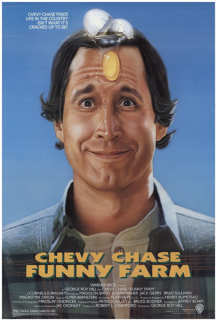 a poster for the movie funny farm with a man's head in front of him