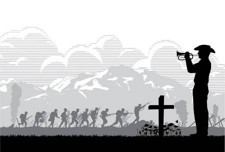 a soldier with a trumpet in front of a cross and soldiers silhouettes on the background