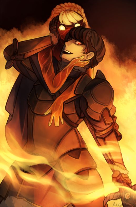 an image of a man hugging another person in front of a blazing background with fire