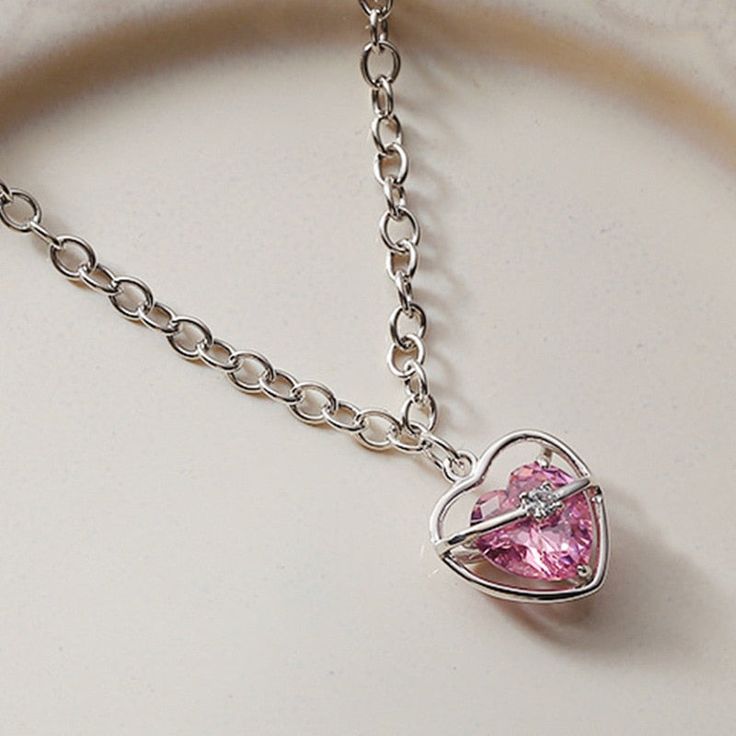 Pink Heart Sparkle Necklace - Cupcake Heart Pendant Necklace Silver, Rose Cupcake, Chains Aesthetic, Cupcake Necklace, Coquette Jewelry, Pink Heart Necklace, Disney Princess Fashion, Princess Fashion, Y2k Accessories