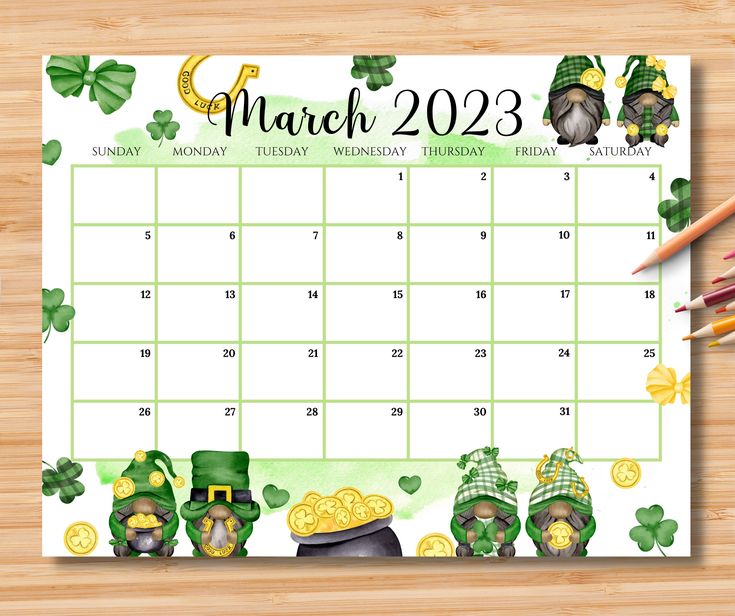 a calendar with st patrick's day items on it