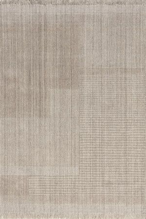 a beige rug with fringes on the top and bottom, in different shades of grey