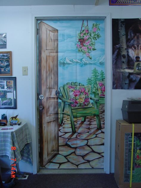 the door is decorated with an image of a chair and flowers