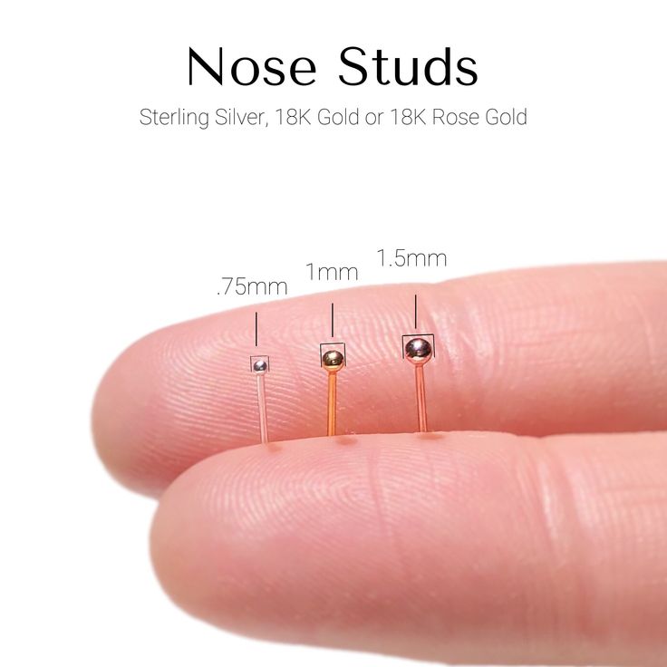 three small nose studs are shown in different sizes and colors, with the same size as