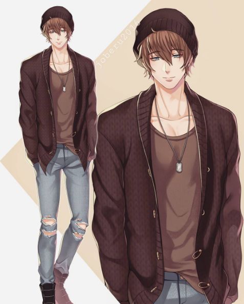 a drawing of a young man in a brown shirt and black jacket with ripped jeans