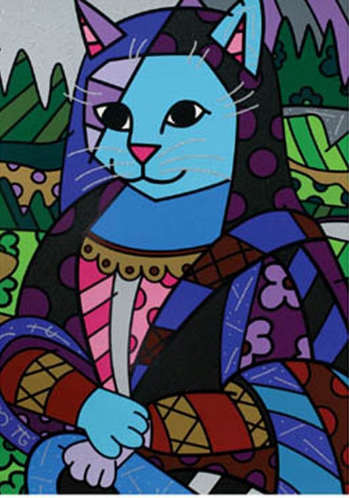 a painting of a cat holding a basket