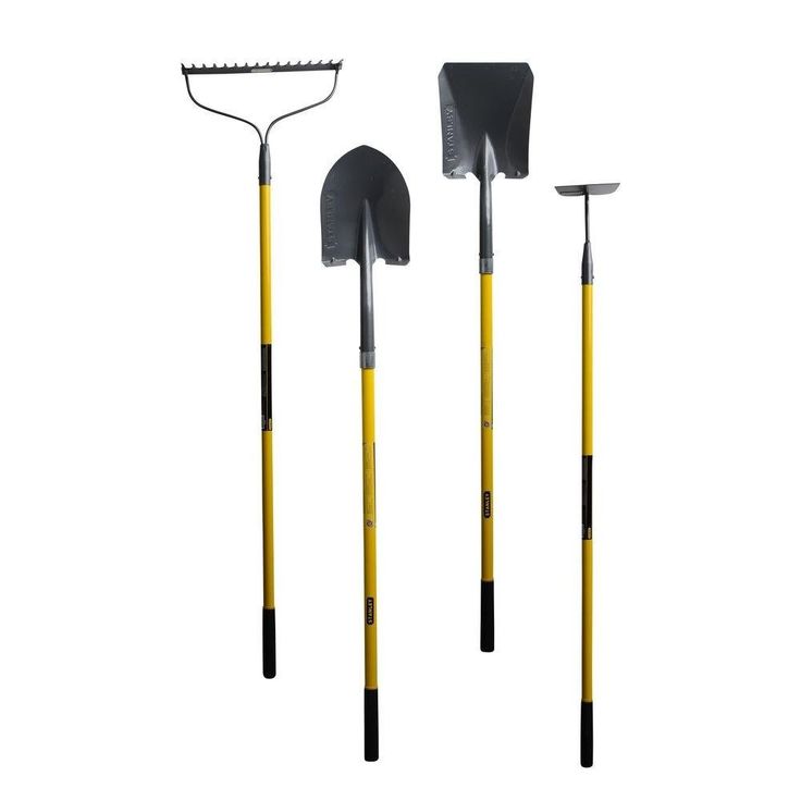 three different types of shovels and rakes are shown in this image, one is yellow and the other is black