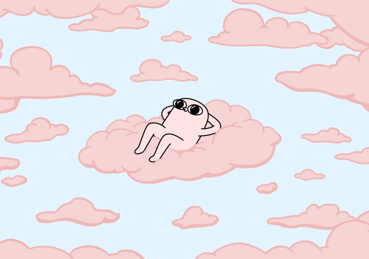 a drawing of a person floating in the sky with pink clouds behind them and blue sky above