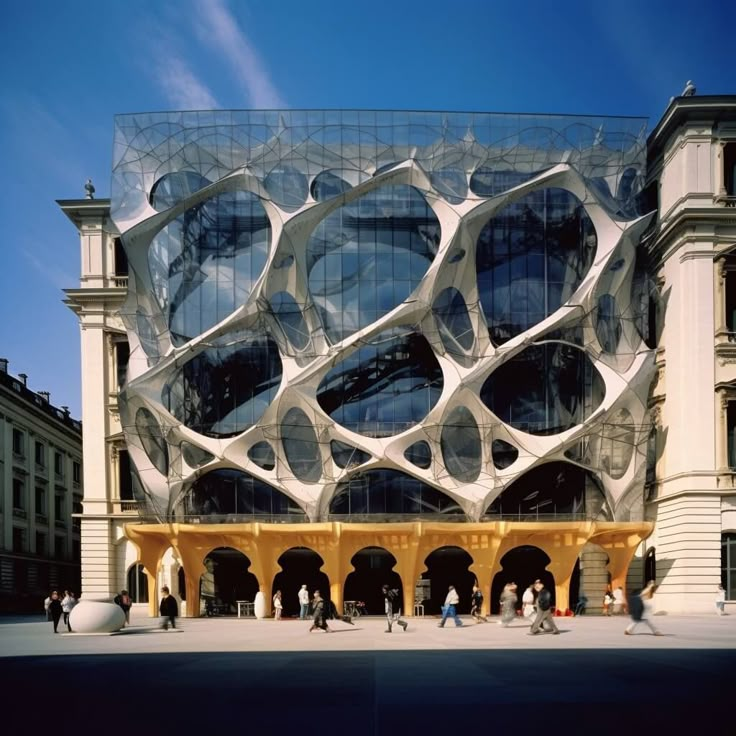 people walking around in front of a building that looks like a wavy structure with large circular windows