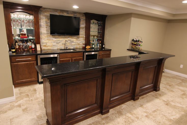 a home bar in the middle of a living room