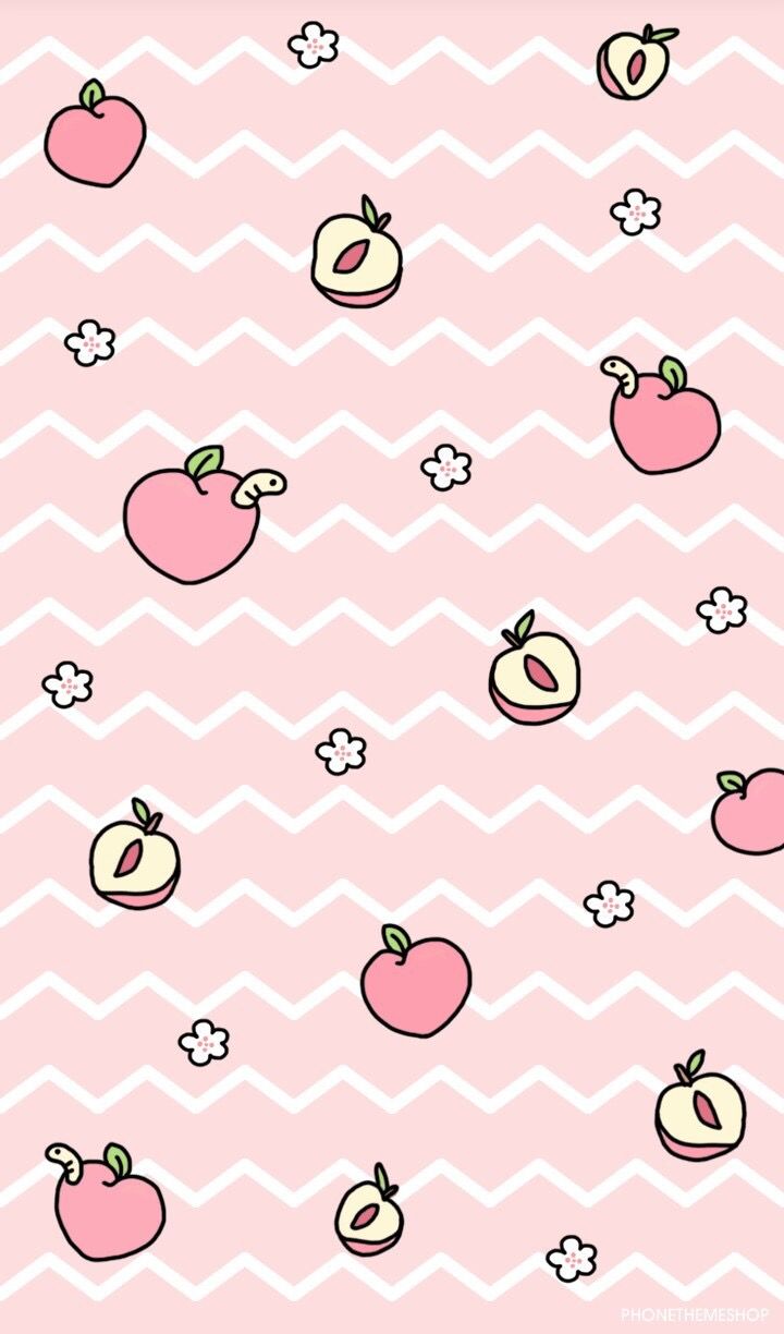 an apple and peach wallpaper pattern on a pink background with white chevrons