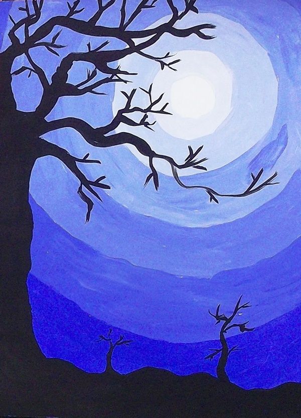 an acrylic painting of a tree with no leaves in front of a full moon