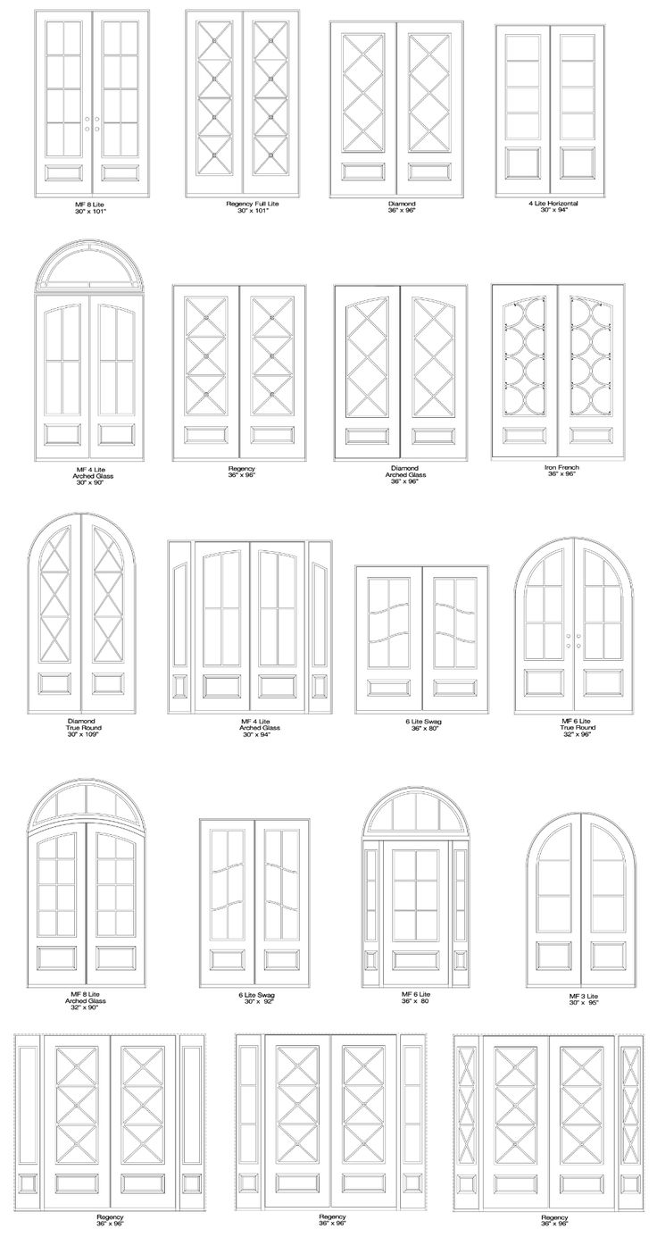 various types of doors and windows with measurements for each door, all in different sizes