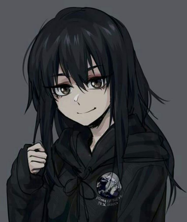 an anime character with long black hair wearing a hoodie and looking at the camera