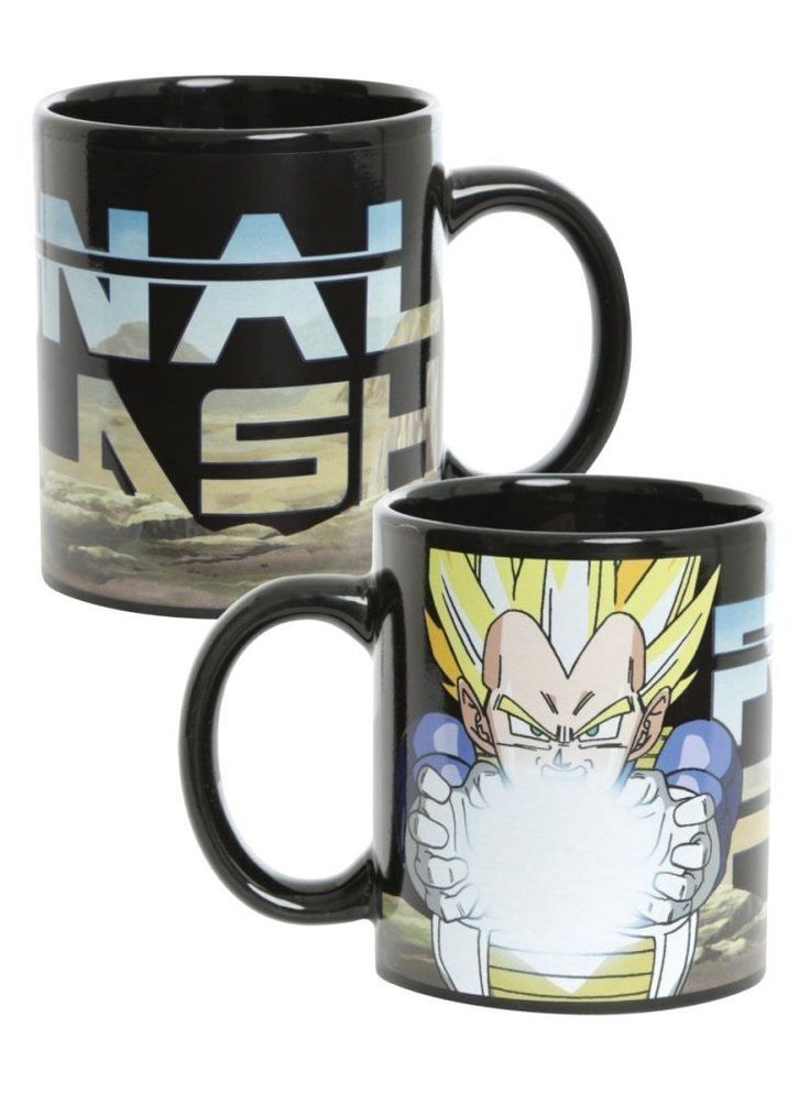 two black mugs with dragon ball characters on them, one has an image of gohan