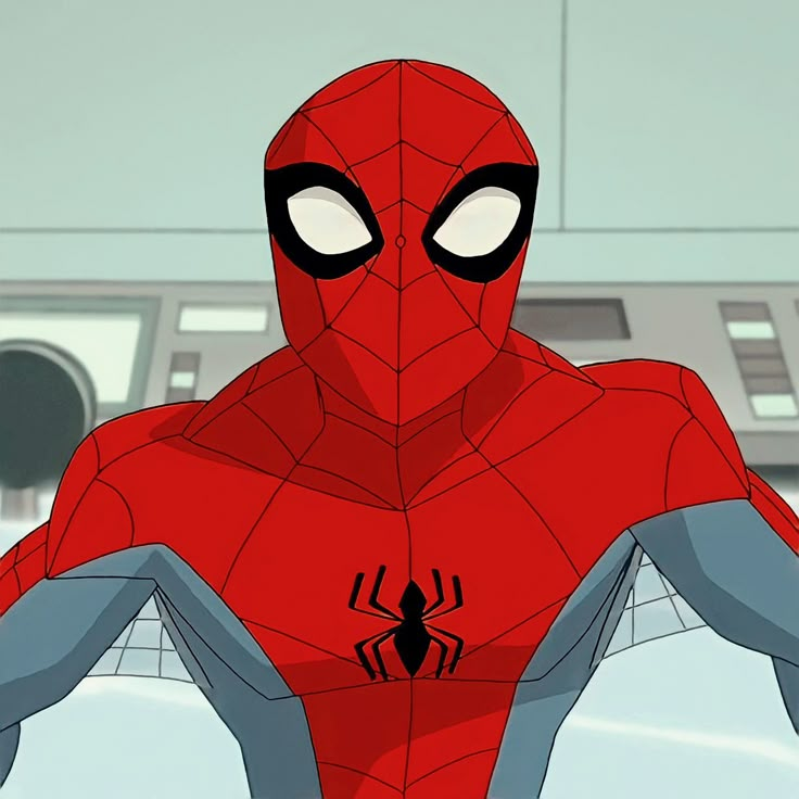 a spider - man is standing in front of a building with his hands on his hips