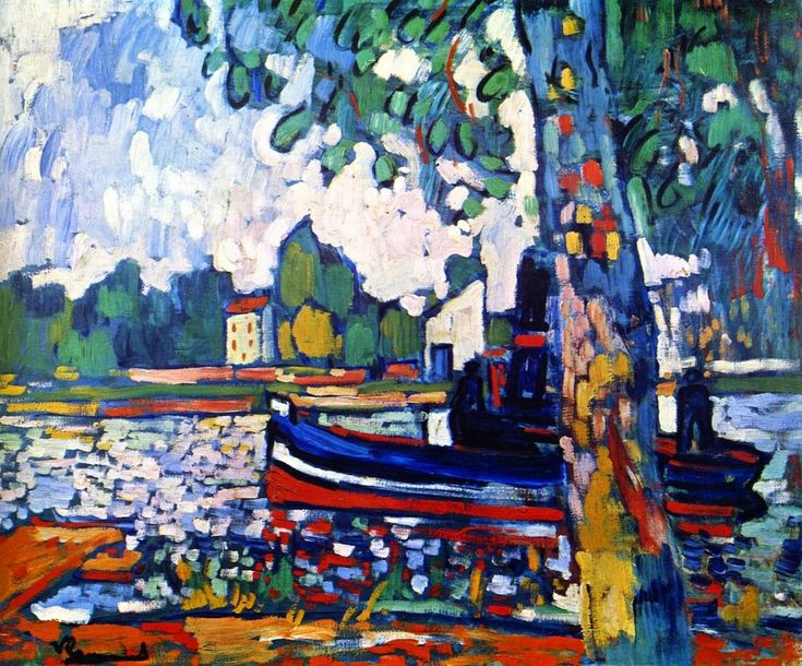 a painting of boats in the water by a tree and some buildings on the other side