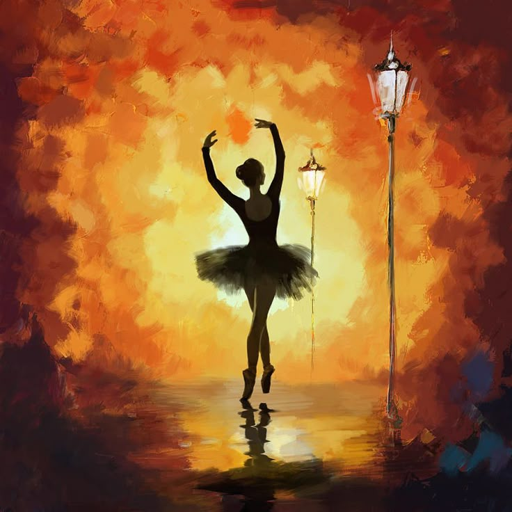 a painting of a ballerina dancing in front of a street light and lamp post