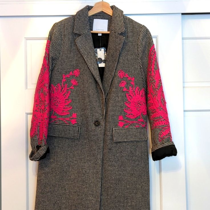 Nwt Stunning Anthropologie One Button Blazer, Faux Pockets, Beautiful Pink Embroidery. Spring Wool Outerwear With Embroidery, Tailored Embroidered Outerwear For Spring, Tailored Embroidered Winter Blazer, Embroidered Winter Workwear Outerwear, Tailored Embroidered Blazer For Winter, Winter Workwear Outerwear With Floral Embroidery, Embroidered Fall Outerwear For Work, Fall Embroidered Outerwear For Work, Tailored Embroidered Outerwear For Fall