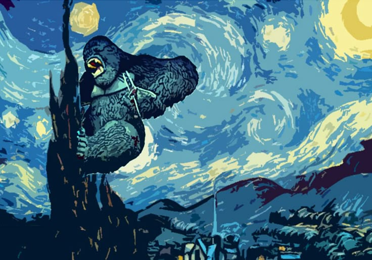 a painting of a gorilla on top of a tree in front of a starry sky