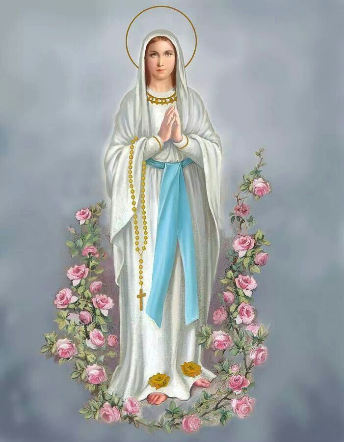 an image of the virgin mary with roses