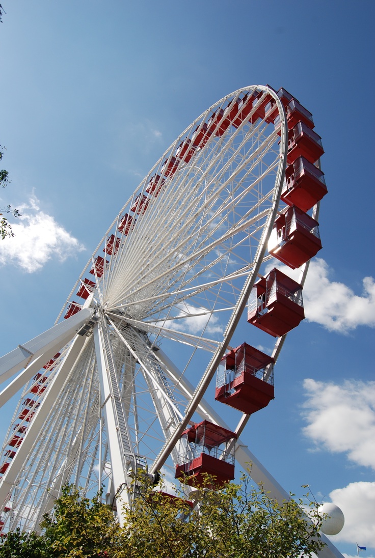 a large ferris wheel with red boxes on it's front and side rims