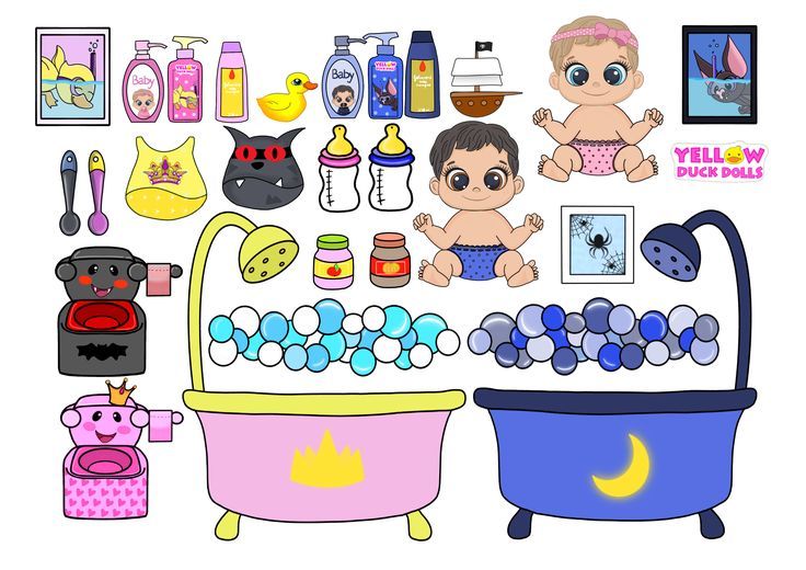 an image of baby toys and bathtub with babies in the tub on it's side