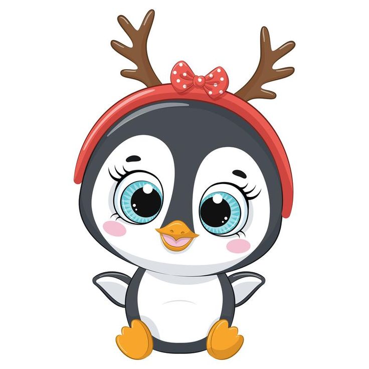 a cartoon penguin with reindeer antlers on its head and blue eyes wearing a red bow