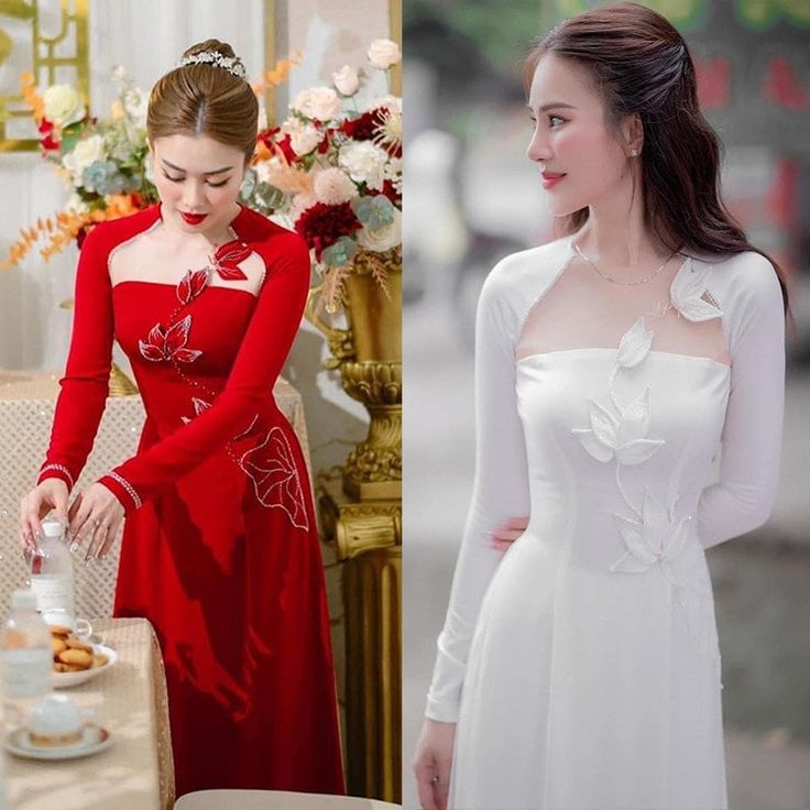 👉 7 DAY REFUND SUPPORT FOR CUSTOMERS IN VIETNAM * Still a Vietnamese girl walking down the street, how beautiful are her innovative ao dai. Selected from the best materials, the 4-piece modern ao dai will bring her the perfect experience. * With a delicate ao dai design in the flower-embroidered sleeves, a little bit of momentum with a stylized side part, this innovative ao dai can turn any girl into a beautiful lady. , young, lovely. * Ao dai in different colors such as pink and beige helps he Fitted Floor-length Gown For Marriage, Traditional White Ao Dai For Wedding, Festive White Ao Dai For Wedding, White Fitted Ao Dai For Wedding, Ao Dai Design, Bridal Ao Dai, Wedding Ao Dai, Modern Ao Dai, Vietnamese Girl