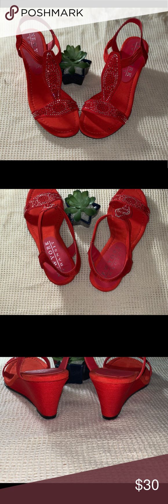 Red Rhinestone wedges Satin red stretchy band wedges with rhinestone encrusted top panel multi band ankle straps 2.5in wedge heel brand new never worn New York Transit Shoes Wedges Rhinestone Wedges, Red Rhinestone, Ankle Straps, Shoes Wedges, Wedge Shoes, Wedge Heels, Wedges, New York, Heels