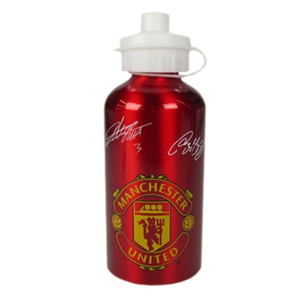 the manchester united water bottle is red and has an autographed logo on it