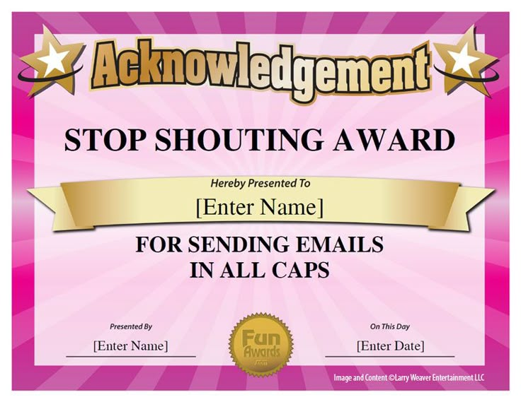 a pink award certificate with gold stars and ribbons on it's front, the words stop shooting award for sending emails in all caps