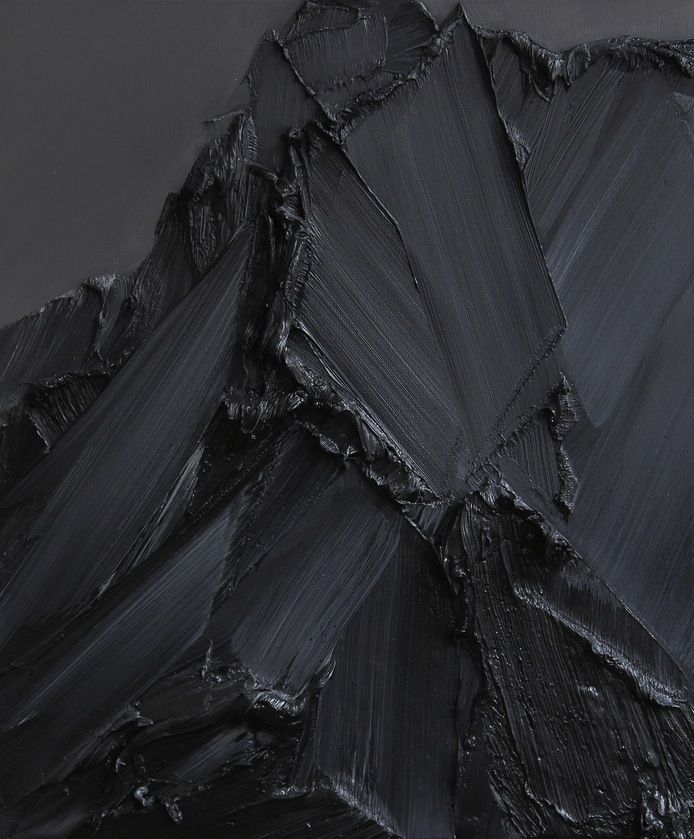 an abstract black and white painting with mountains in the background, dark background