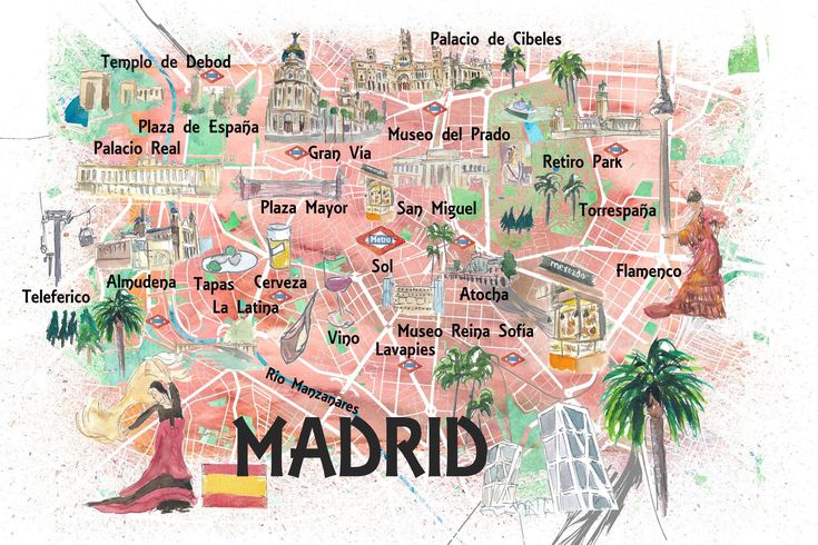 Madrid Spain Illustrated Travel Map With Roads Landmarks and Tourist ...